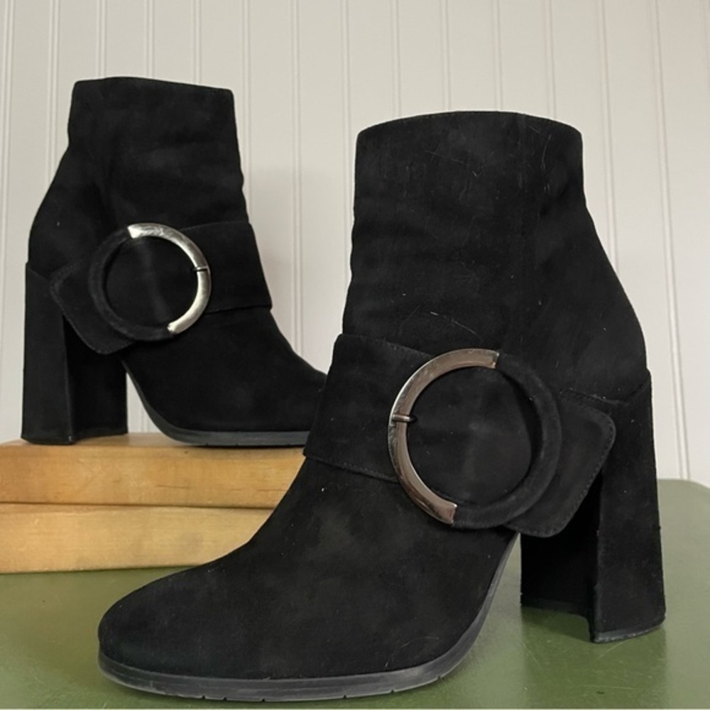 The Shoe Box NYC Big Buckle Chunky Heel Boots in Black Suede *Italy*